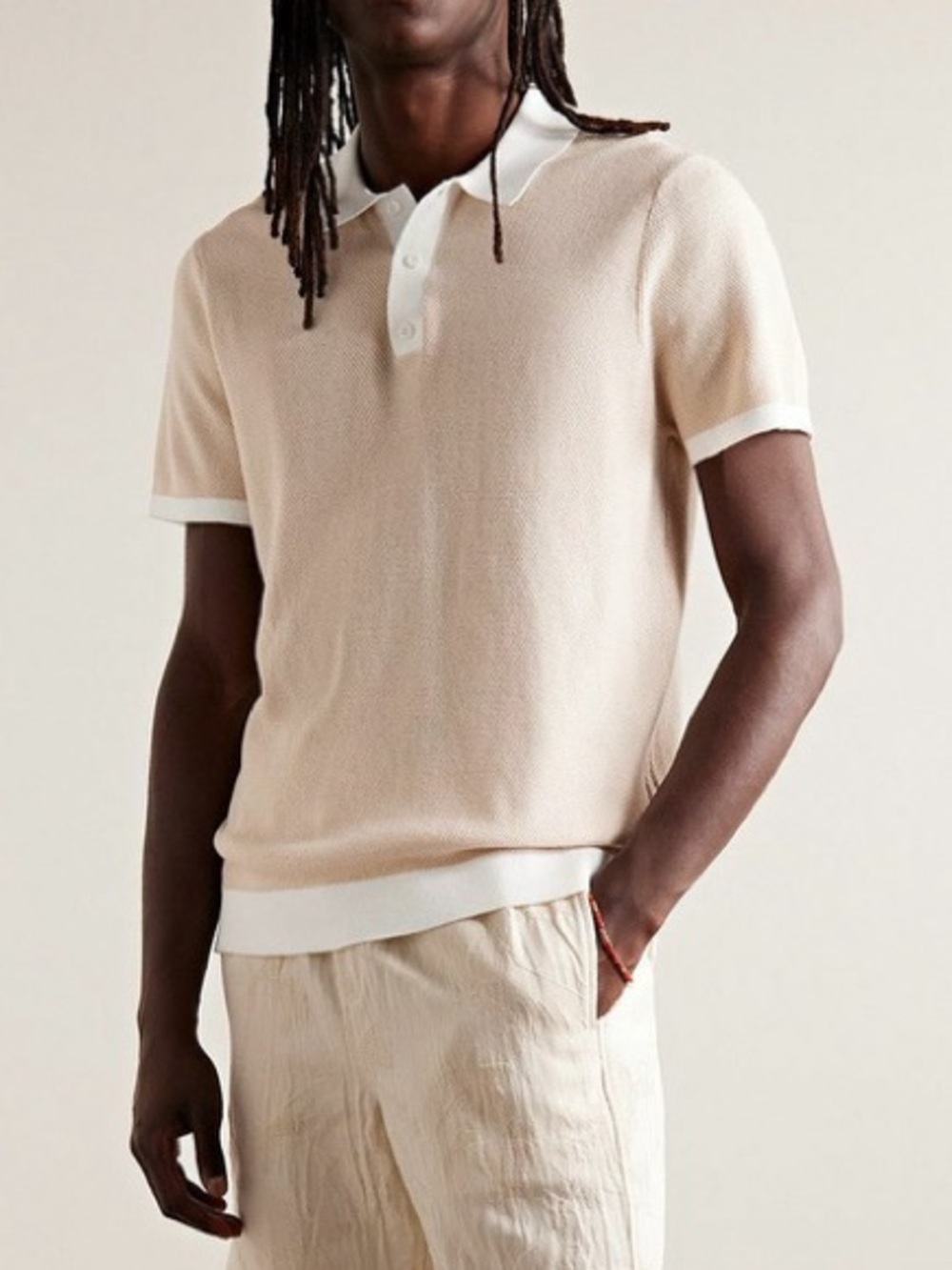 Onia Men’s Size S Khaki Blush White Cotton Textured Polo Shirt